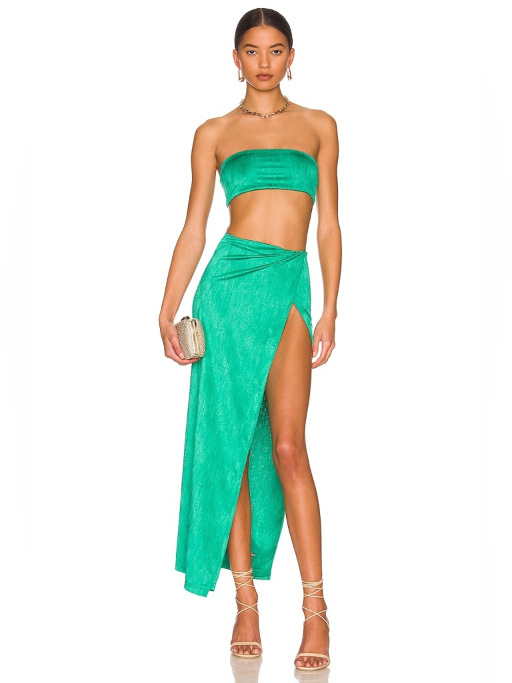 superdown Metallic Emerald High-Slit Maxi Skirt Set With Top